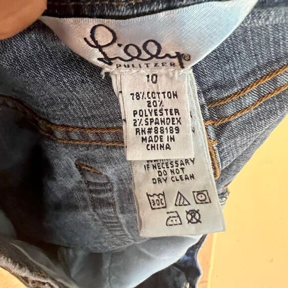 Lilly Pulitzer Denim Skirt Embroidered Patches logo jean dress bottoms cute rare - Picture 5 of 8